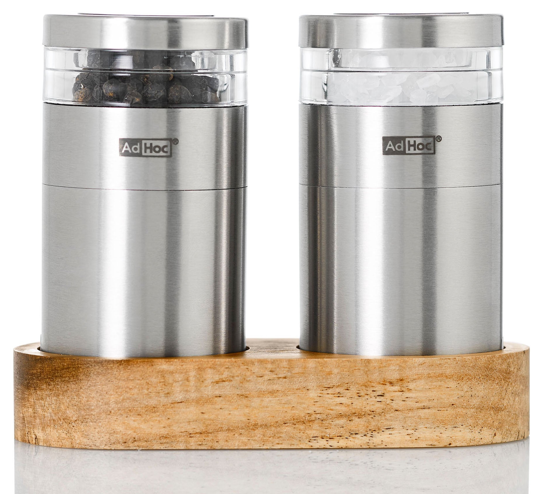Set de râșnițe pentru sare și piper AdHoc - Menage Molto, cu suport, 9,5 cm, oțel/acacia