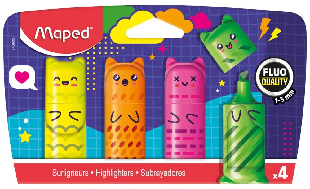 Set mini markere Maped Fluo Peps - Kawai, 4 bucăți