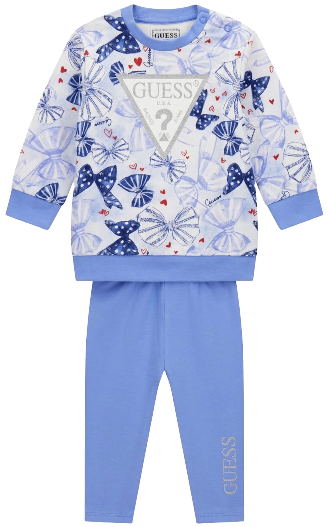 Set din 2 piese Guess - Bluză cu panglici și pantaloni, albastru, 12 luni