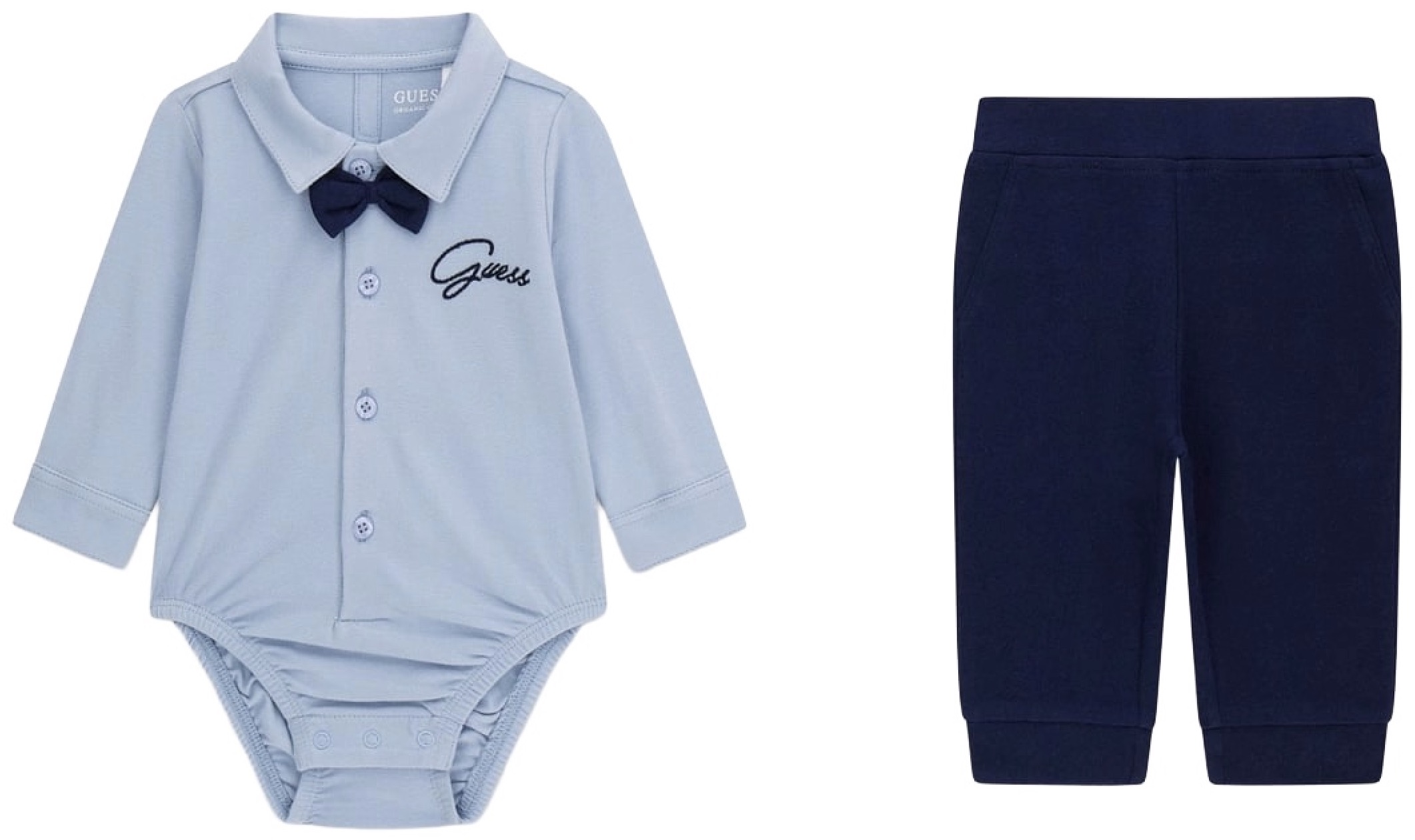 Set din 2 piese Guess - Body cu papion și pantaloni, albastru, 12 luni