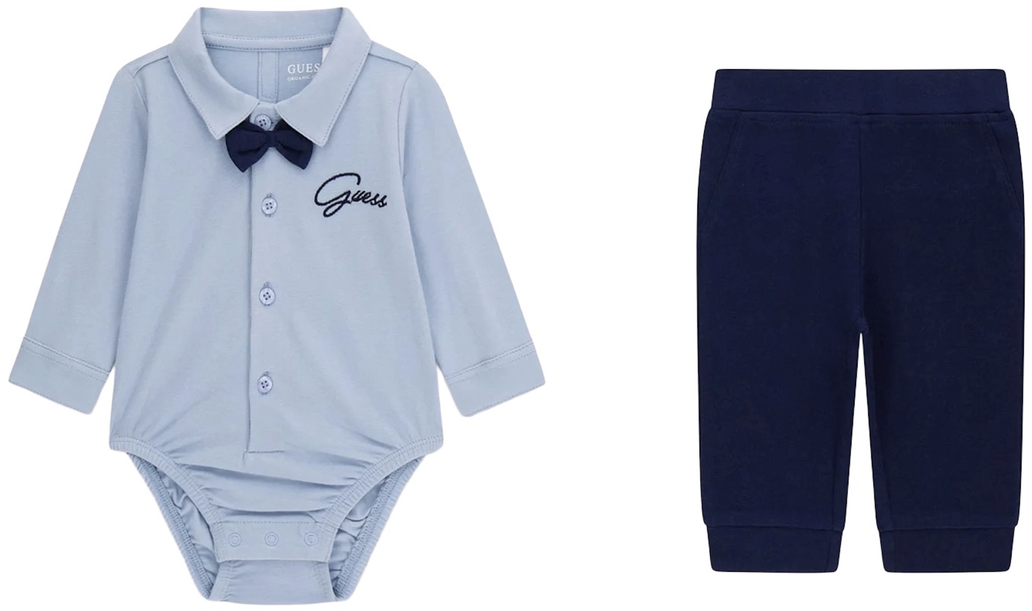 Set din 2 piese Guess - БBody cu papion și pantaloni, albastru, 0-3 luni