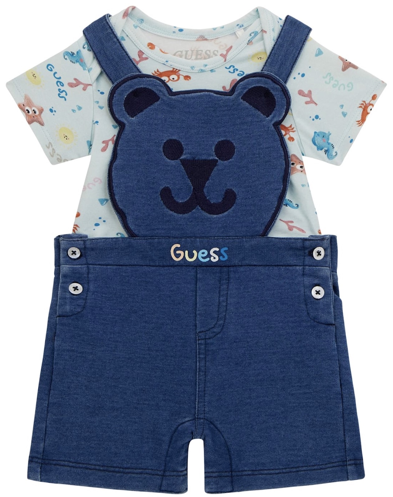 Set din 2 piese Guess - Salopetă cu ursuleț și tricou, albastru, 6-9 luni