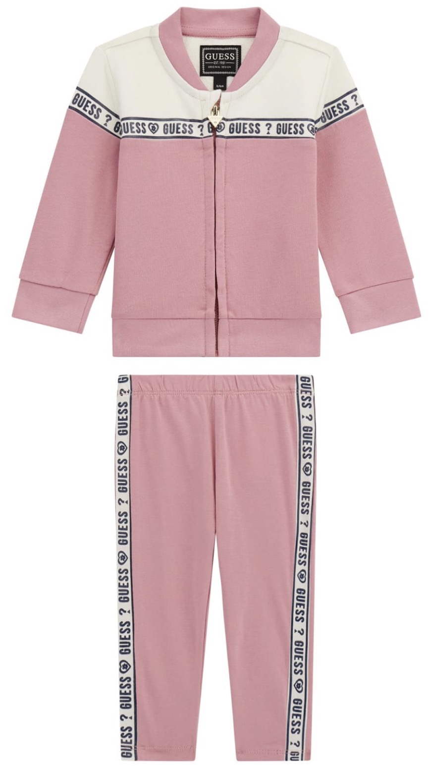 Set din 2 piese Guess - Hanorac și pantaloni cu inscripții, roz, 18 luni