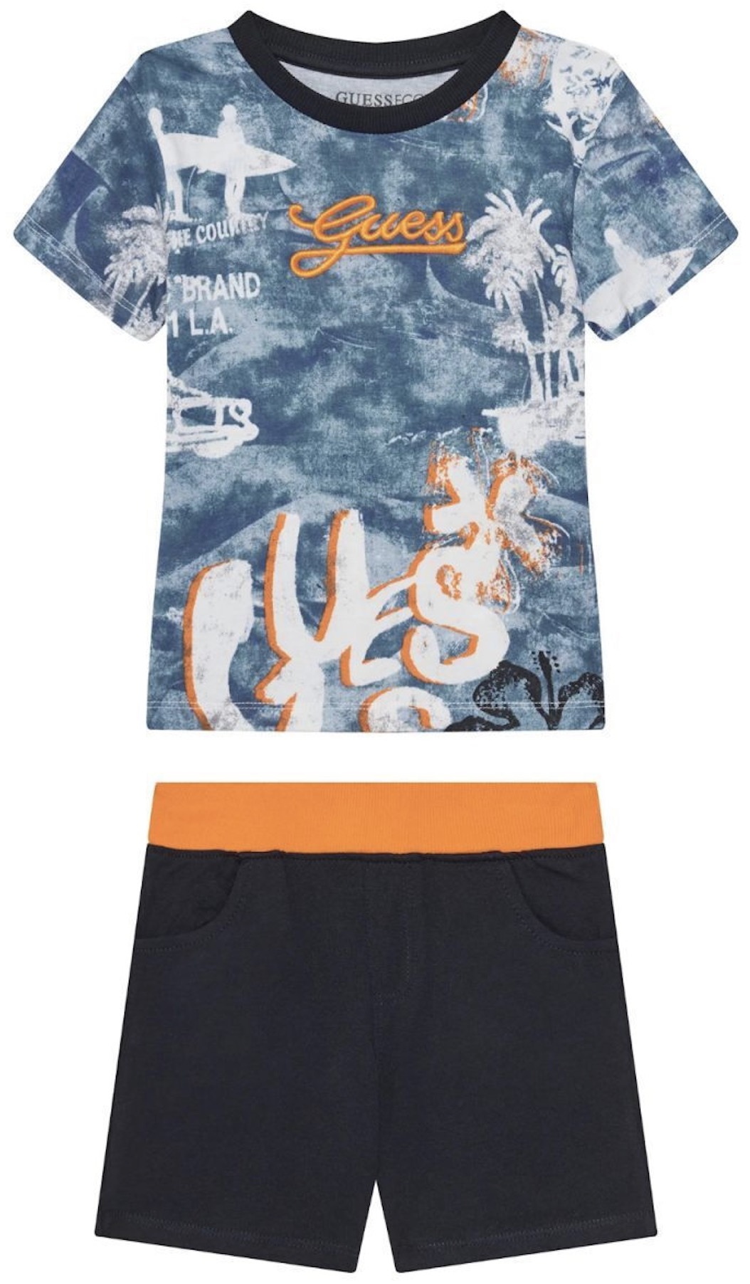Set din 2 piese Guess - Tricou cu imagini de vară și pantaloni, albastru, 18 luni