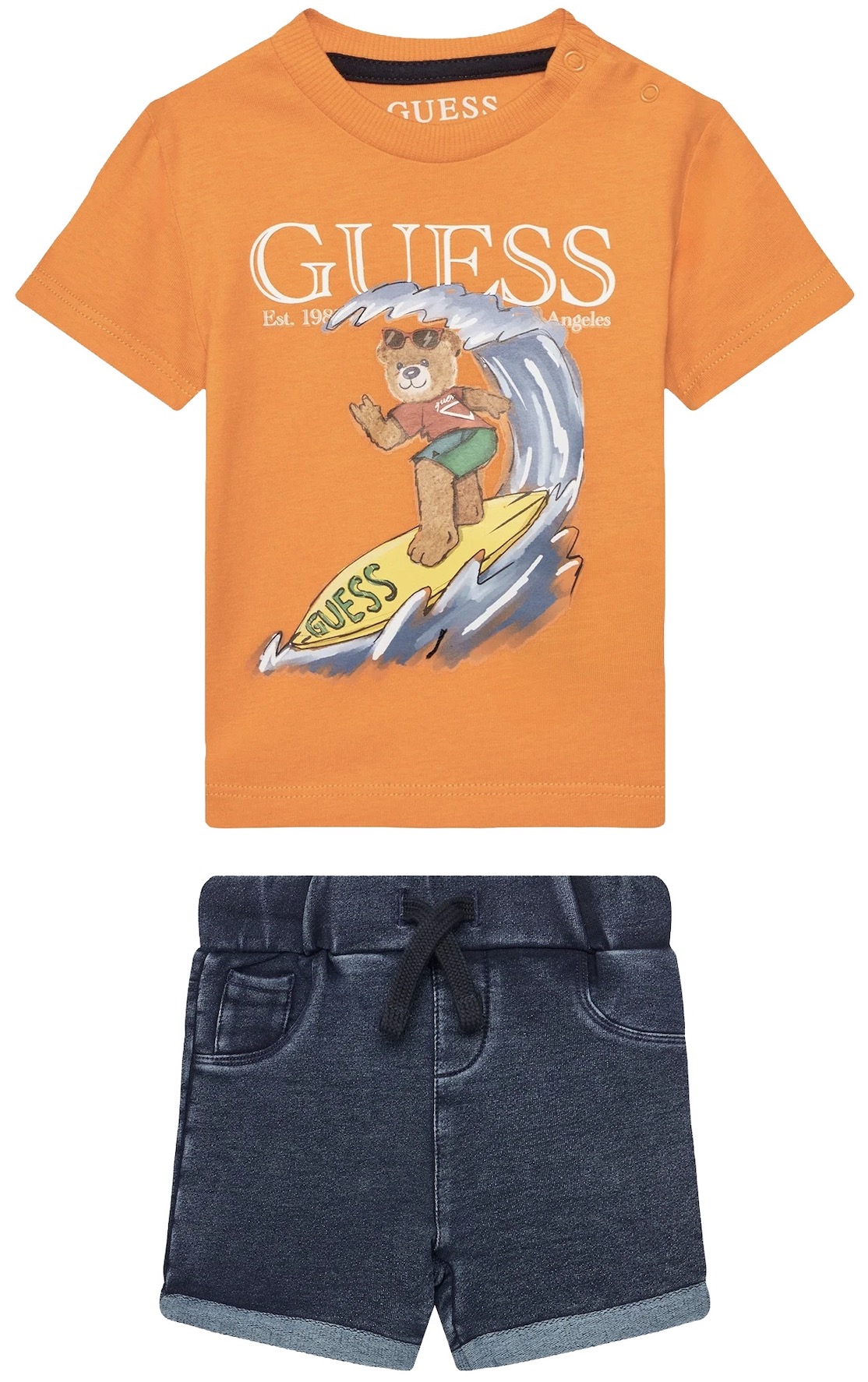 Set din 2 piese Guess - Tricou cu ursuleț surfer și pantaloni, portocaliu, 12 luni