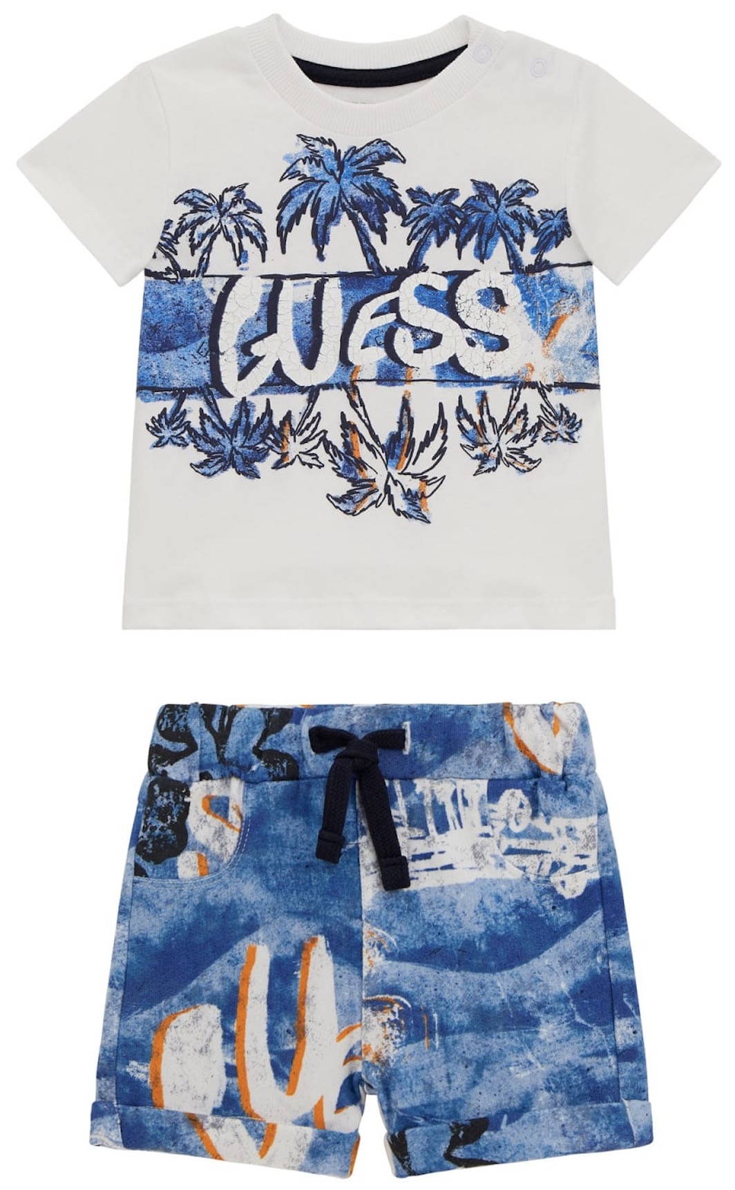 Set din 2 piese Guess - Tricou și pantaloni scurți cu palmier, bleumarin, 3-6 luni