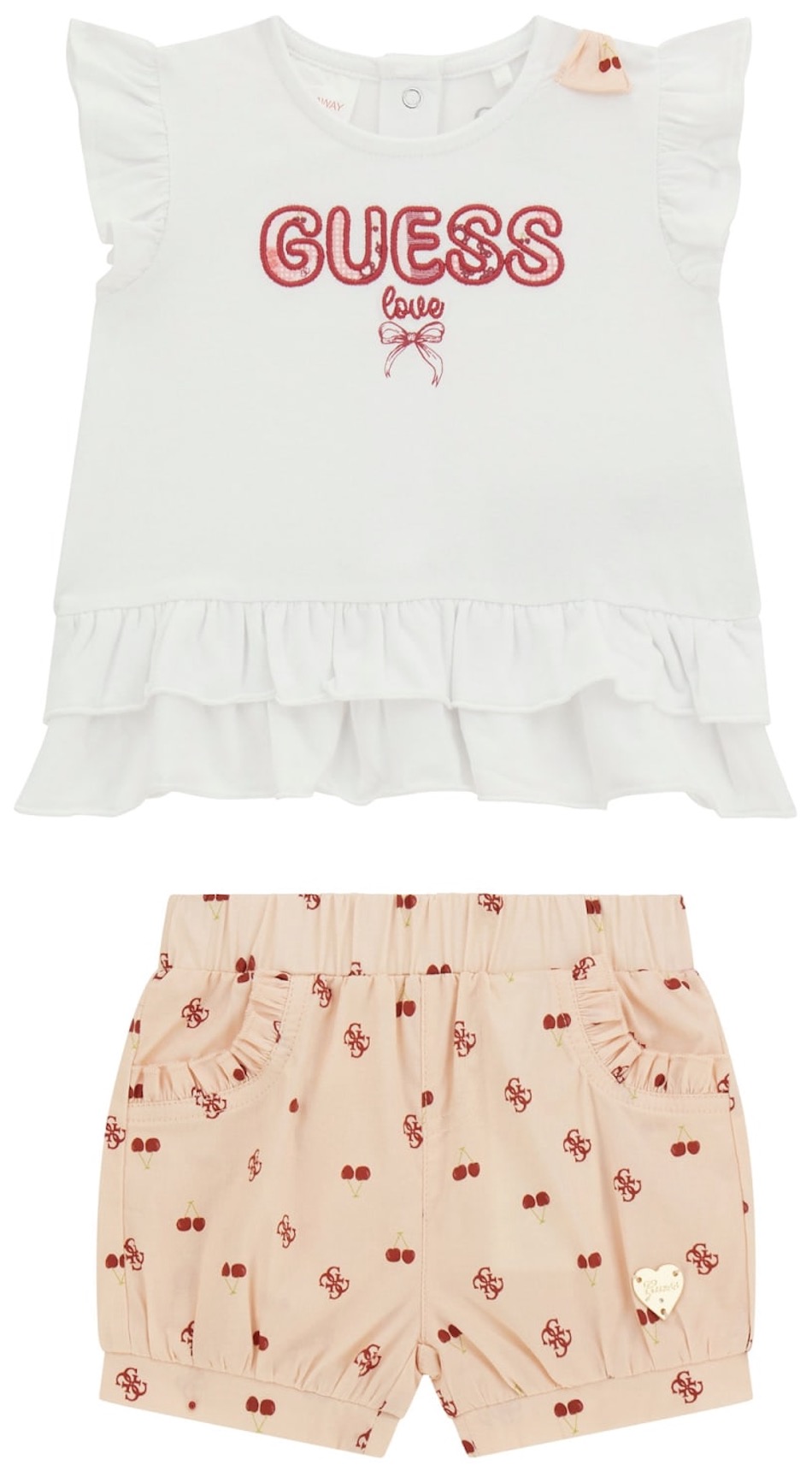 Set din 2 piese Guess - Tricou cu pantaloni cu imprimeu de cireșe, roz-alb, 18 luni