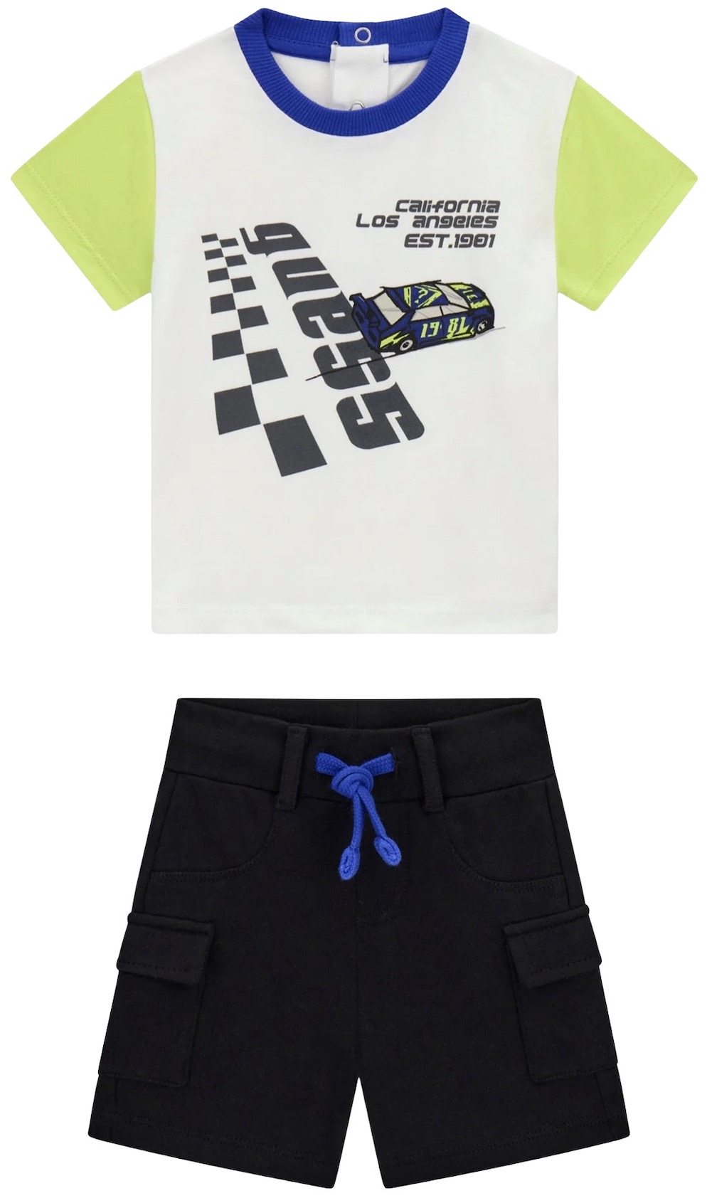 Set din 2 piese Guess - Tricou cu imprimeu rally și pantaloni scurți, alb, 3-6 luni