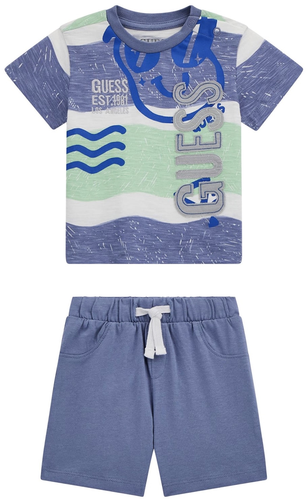 Set din 2 piese Guess - Tricou cu bretele late și pantaloni scurți, albaștri, 3-6 luni