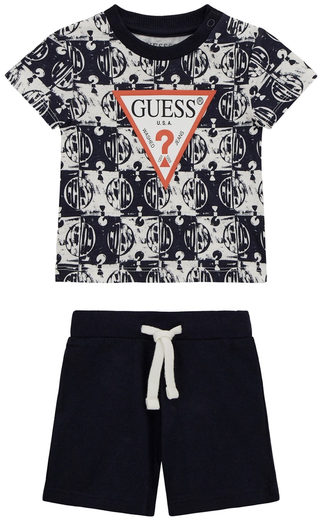 Set din 2 piese Guess - Tricou cu imprimeu închis la culoare și pantaloni scurți, negru, 3-6 luni