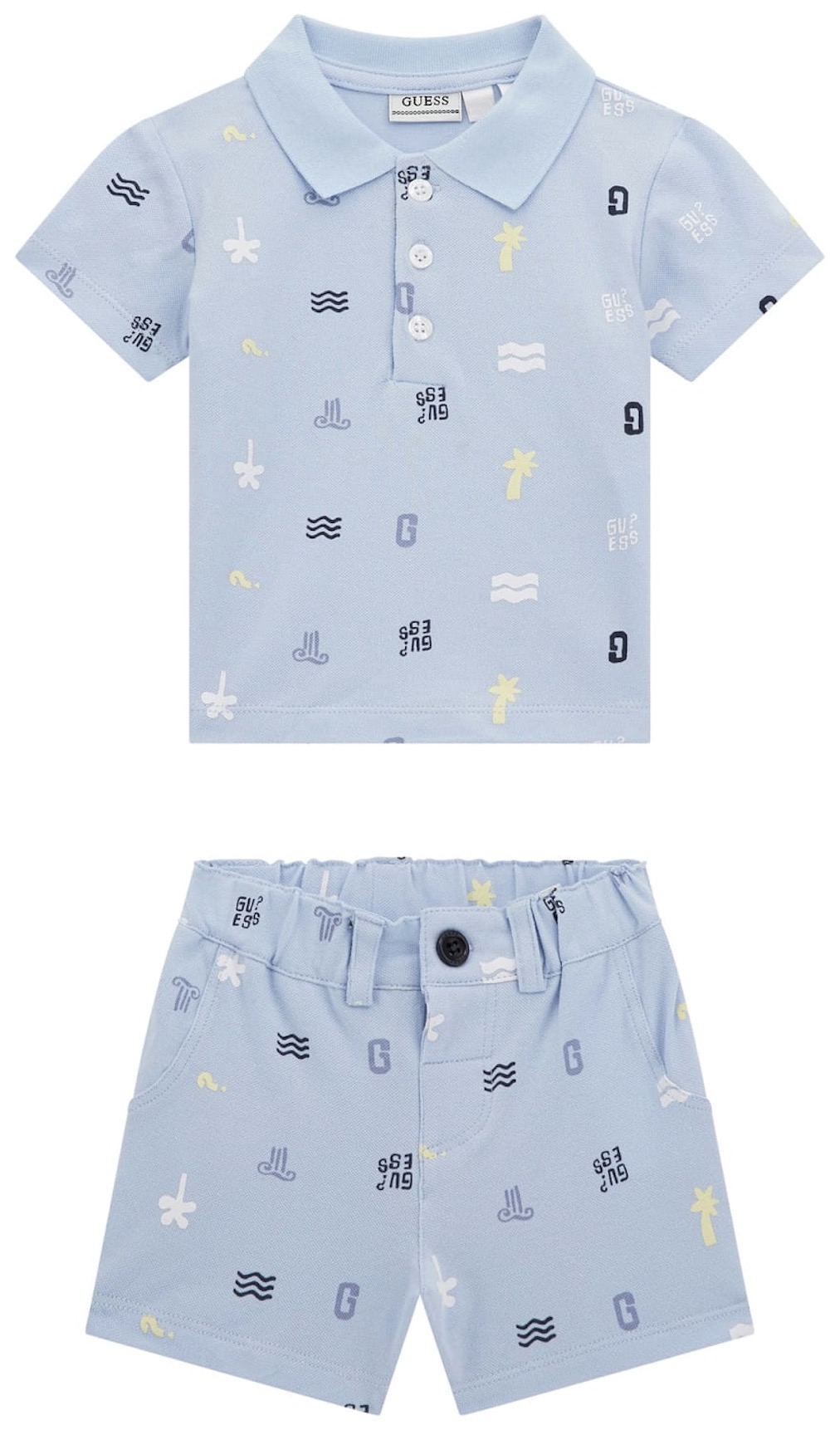 Set din 2 piese Guess - Tricou cu guler și pantaloni scurți, albastru, 6-9 luni