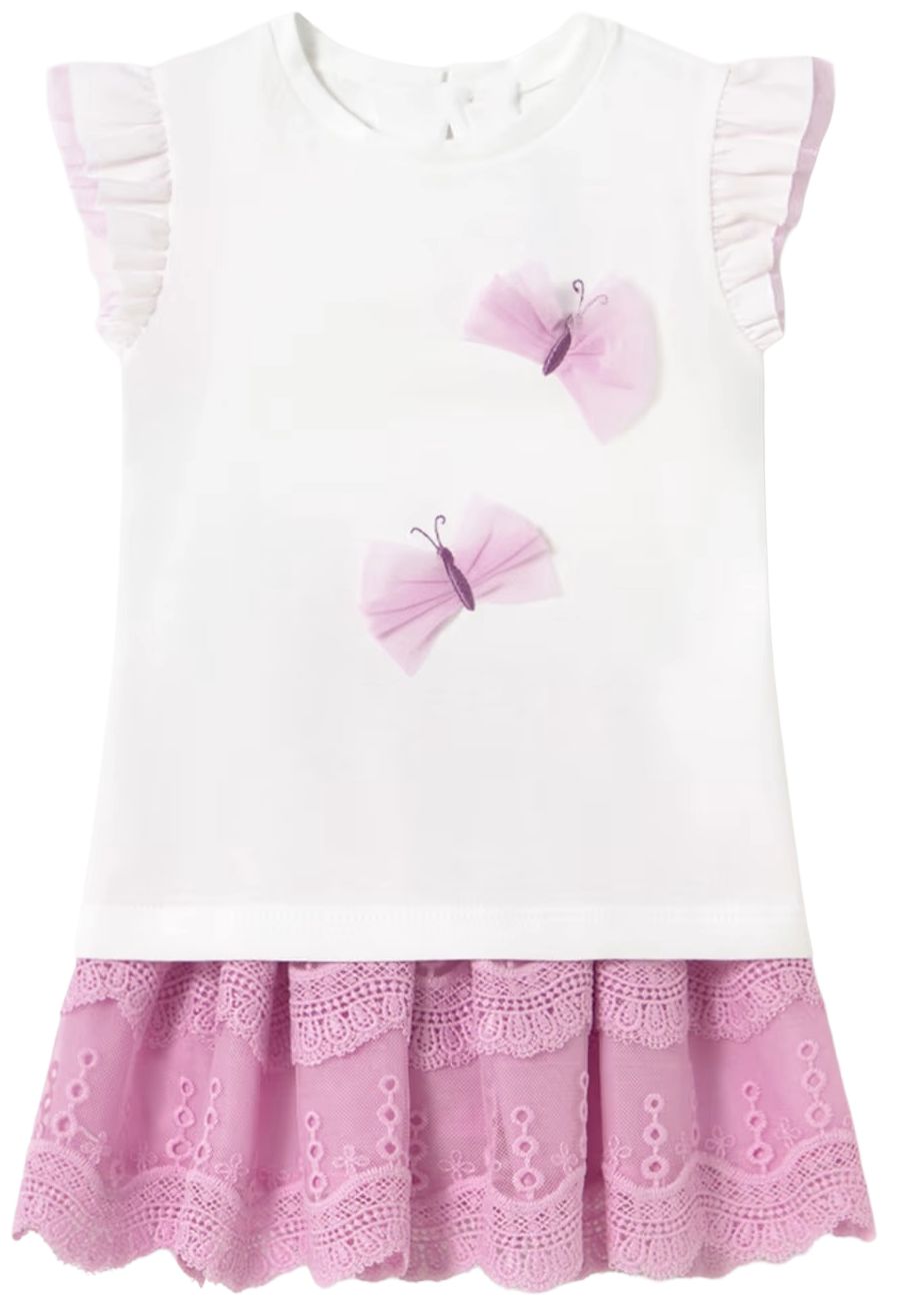 Set din 2 piese Mayoral- Cu broderie, tricou și fustă din tul, violet, 12 luni