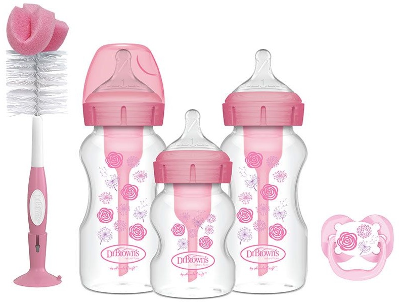 Set de 3 sticle Dr. Brown’s Options+ - Wide-Neck, cu o suzetă și o periuță, Pink