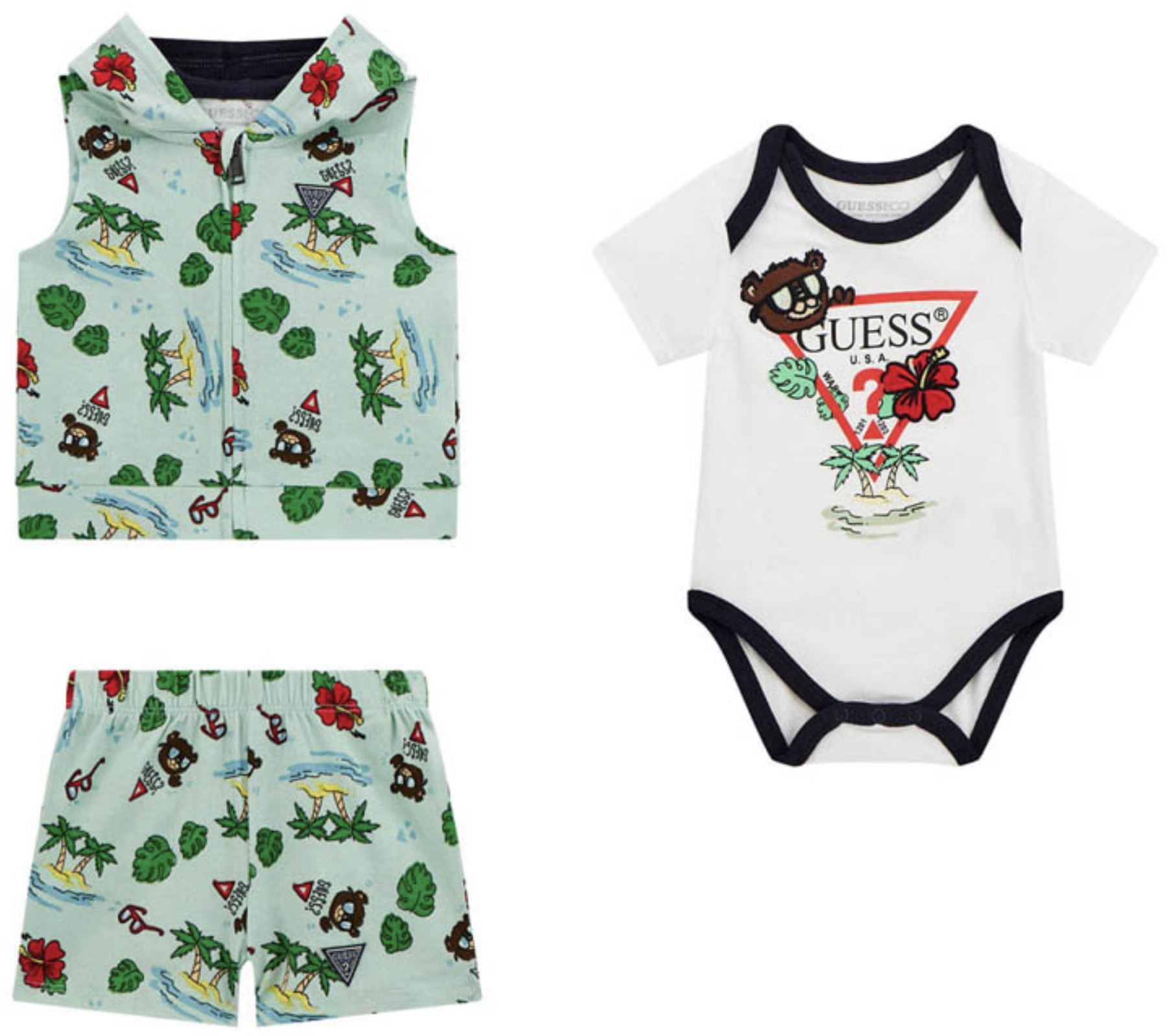 Set din 3 piese Guess - Body, vestă și pantaloni scurți, verde, 3-6 luni