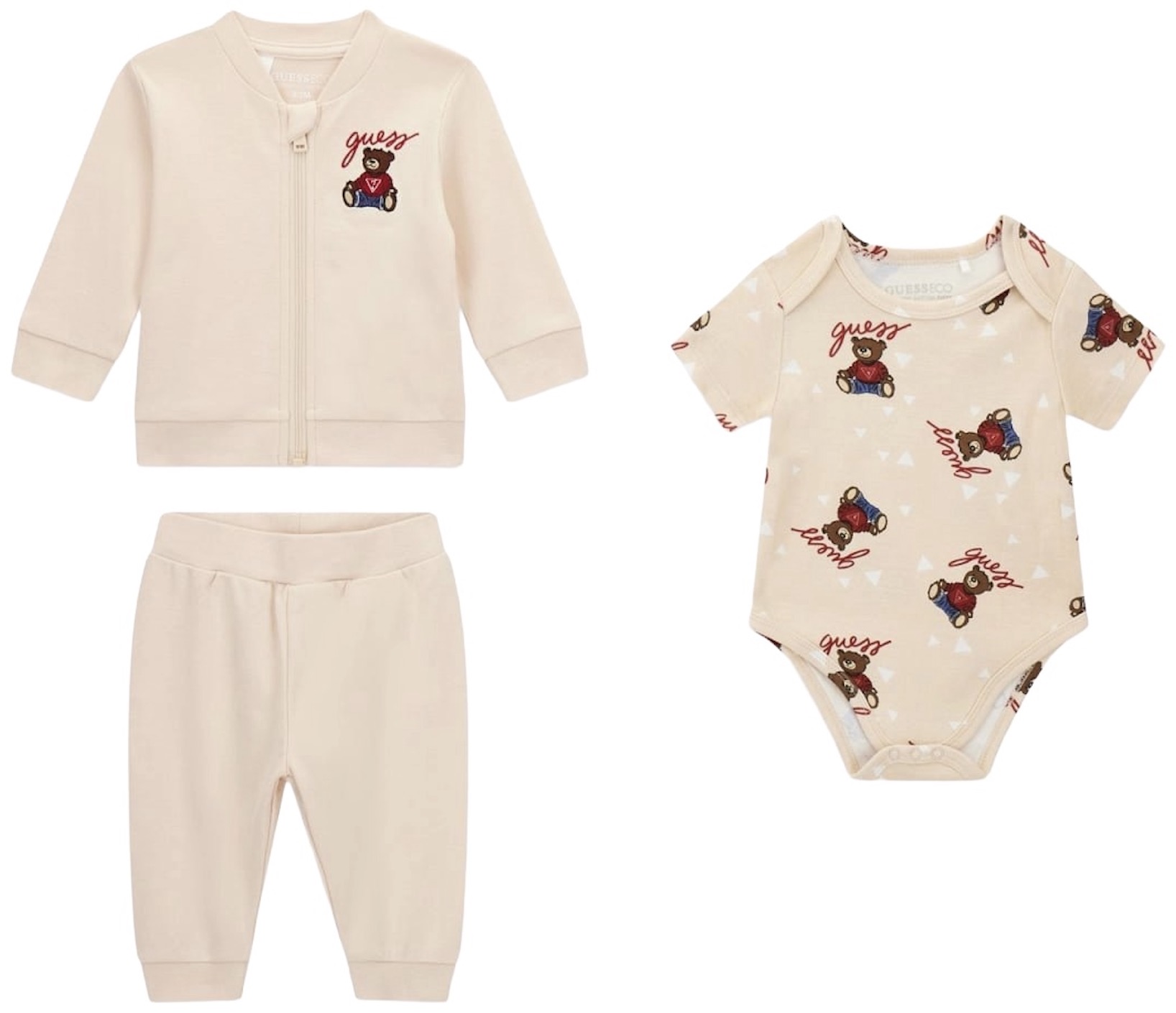 Set din 3 piese Guess - Body, hanorac și pantaloni cu ursuleți, bej, 3-6 luni