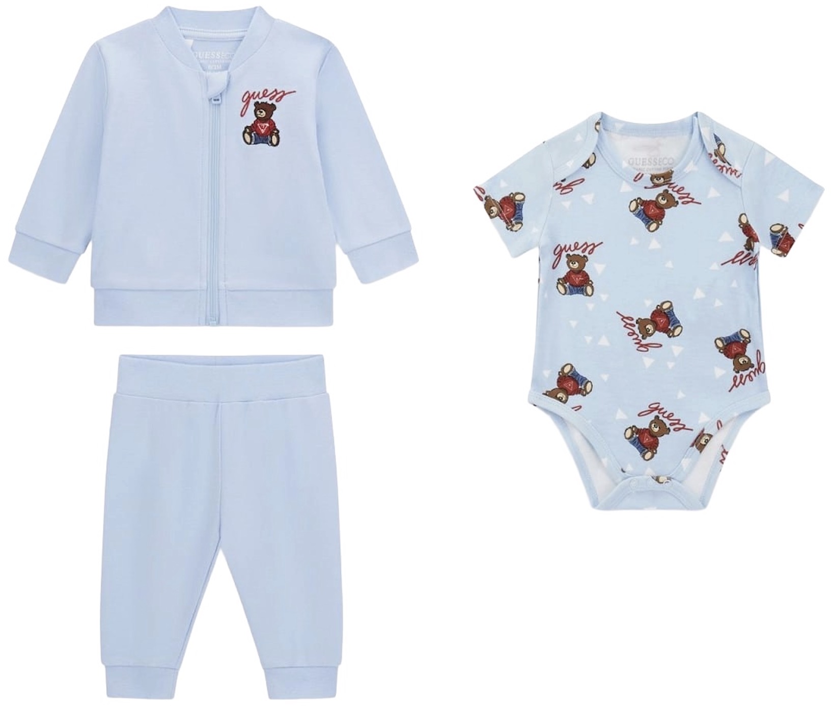 Set de 3 piese Guess - Body, hanorac cu pantaloni, albastru deschis, 3-6 luni