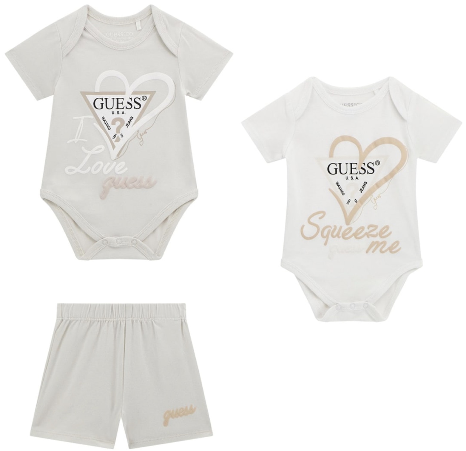 Set din 3 piese Guess - Body-uri cu mânecă scurtă și pantaloni scurți, bej, 6-9 luni
