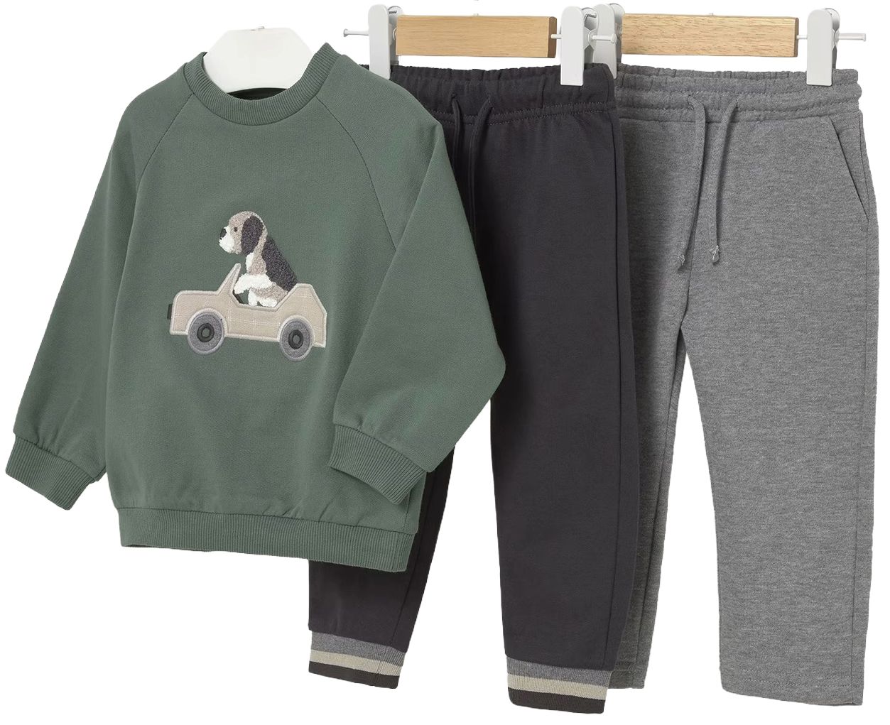 Set de 3 piese  Mayoral - Mașină,pulover și 2 pantaloni, verde, 3 ani