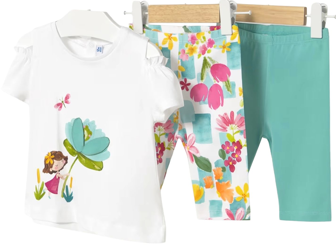Set din 3 piese Mayoral - Tricou și 2 perechi de colanți scurți, verde, 6 luni
