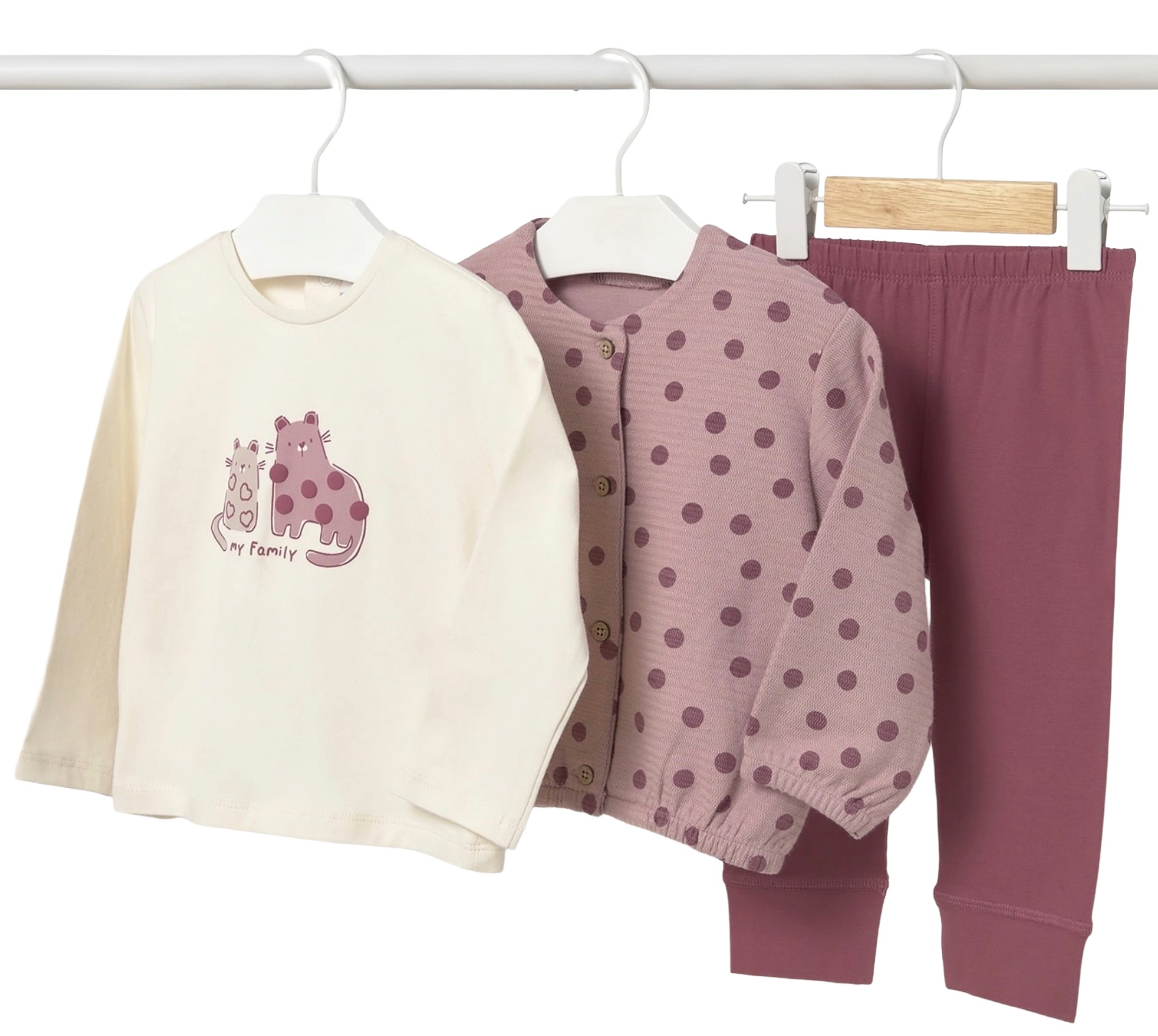 Set din 3 piese Mayoral -  Cardigan, bluză și colanți, roz închis, 12 luni