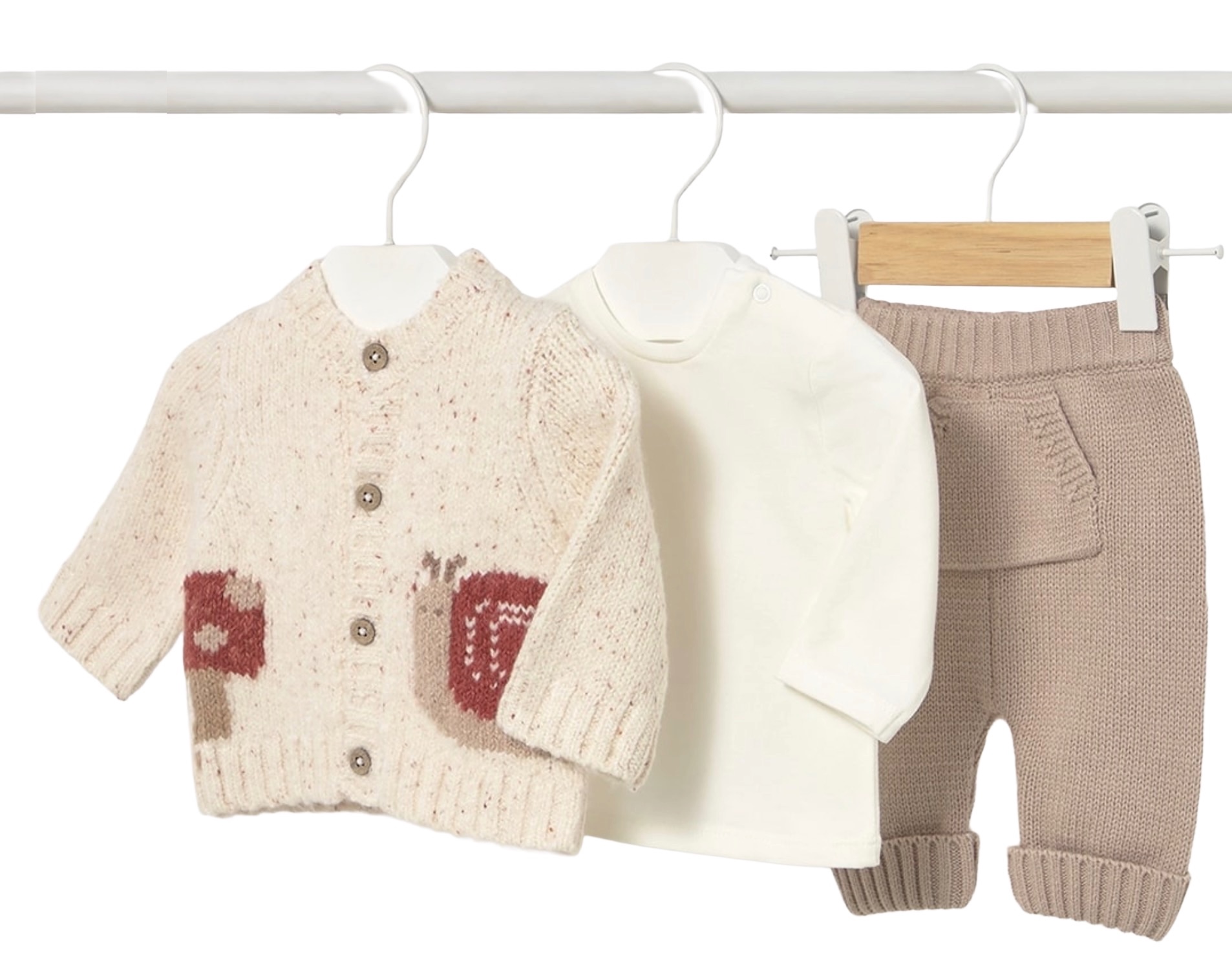 Set din 3 piese Mayoral - Cardigan, bluză și pantaloni, maro, 1-2 luni