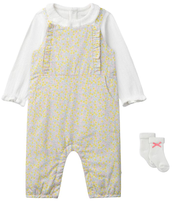 Set de 3 piese Sergent Major - Cu imprimeu floral, salopetă, body și șosete, 6 luni