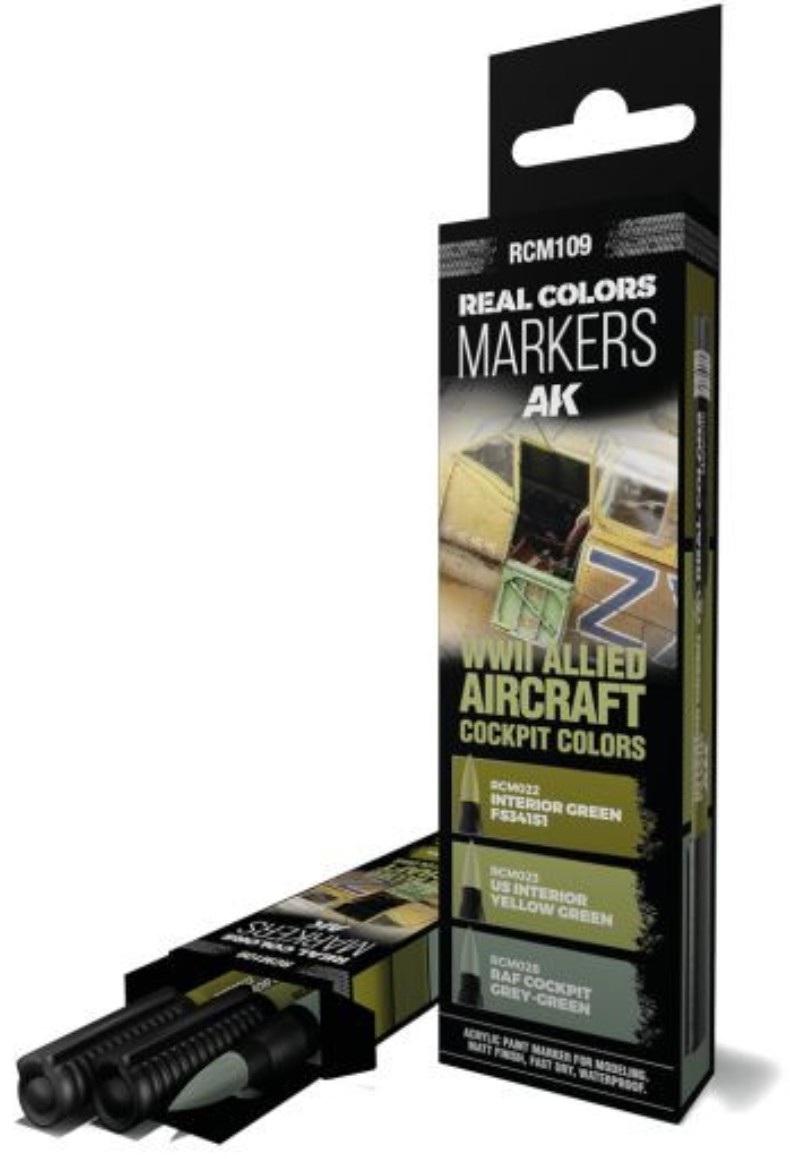 Set de 3 markere cu vopsea acrilica  AK Interactive - WWII ALLIED AIRCRAFT COCKPIT COLORS (RCM109)