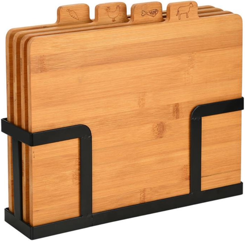 Set de 4 tocătoare din bambus cu suport Estia - Bamboo Essentials, 28.5 x 7.3 x 22.5 cm