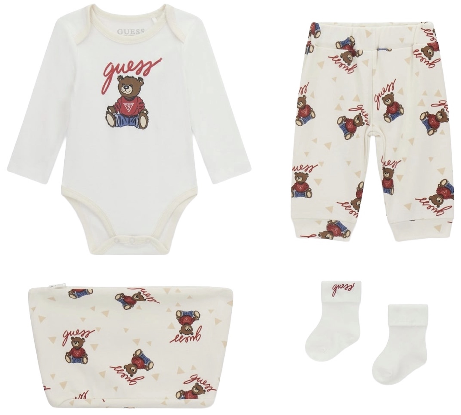 Set din 4 piese Guess - Body, pantaloni, șosete și gentuță, bej, 12 luni