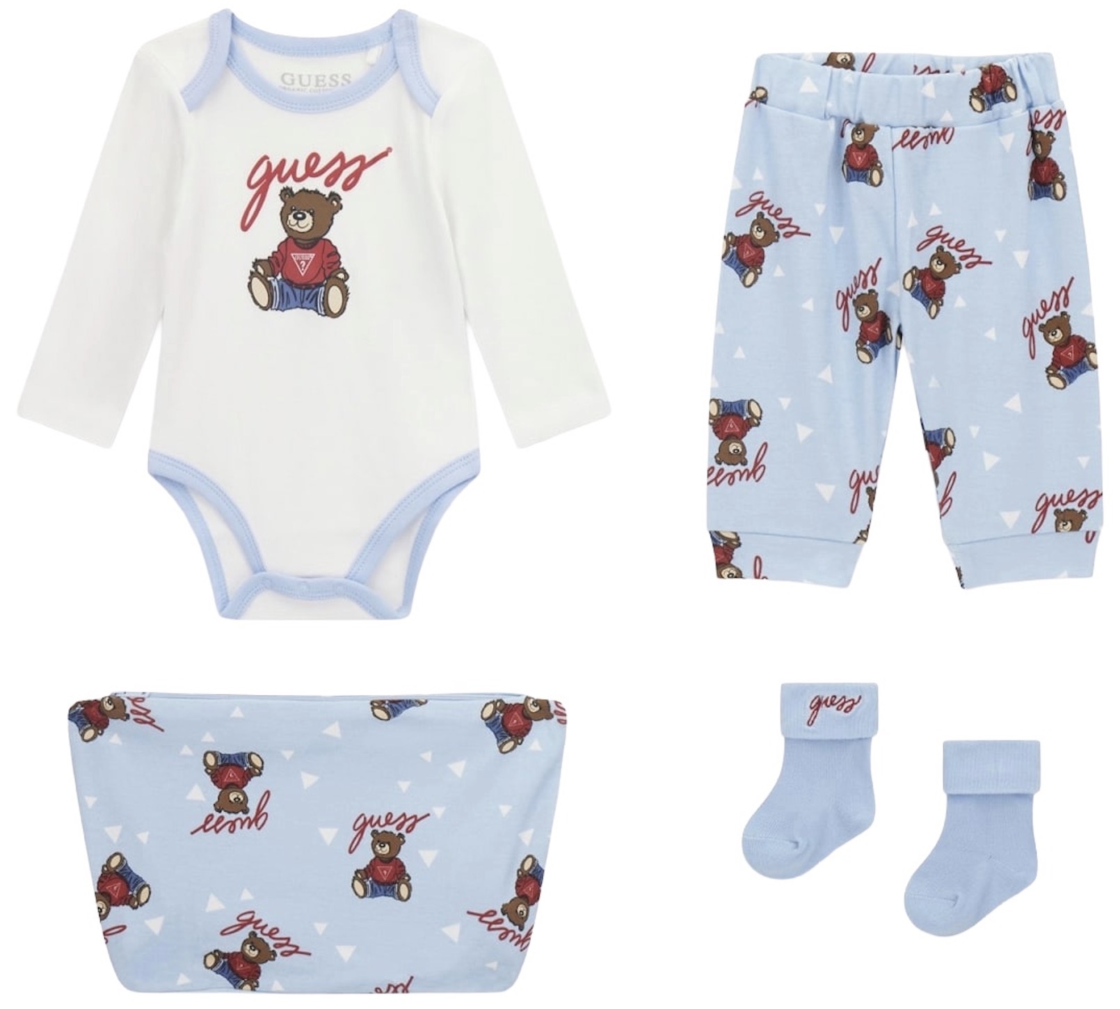 Set din 4 piese Guess - Body, pantaloni, șosete și gentuță, albastru, 12 luni