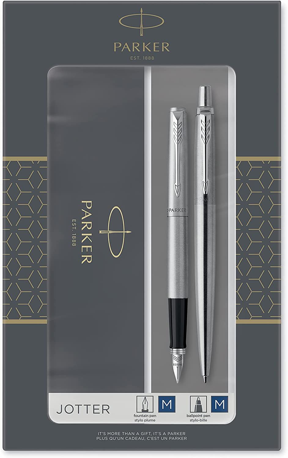 Set stilou Parker Jotter Stainless Steel -Cu pix, placat cu argint,