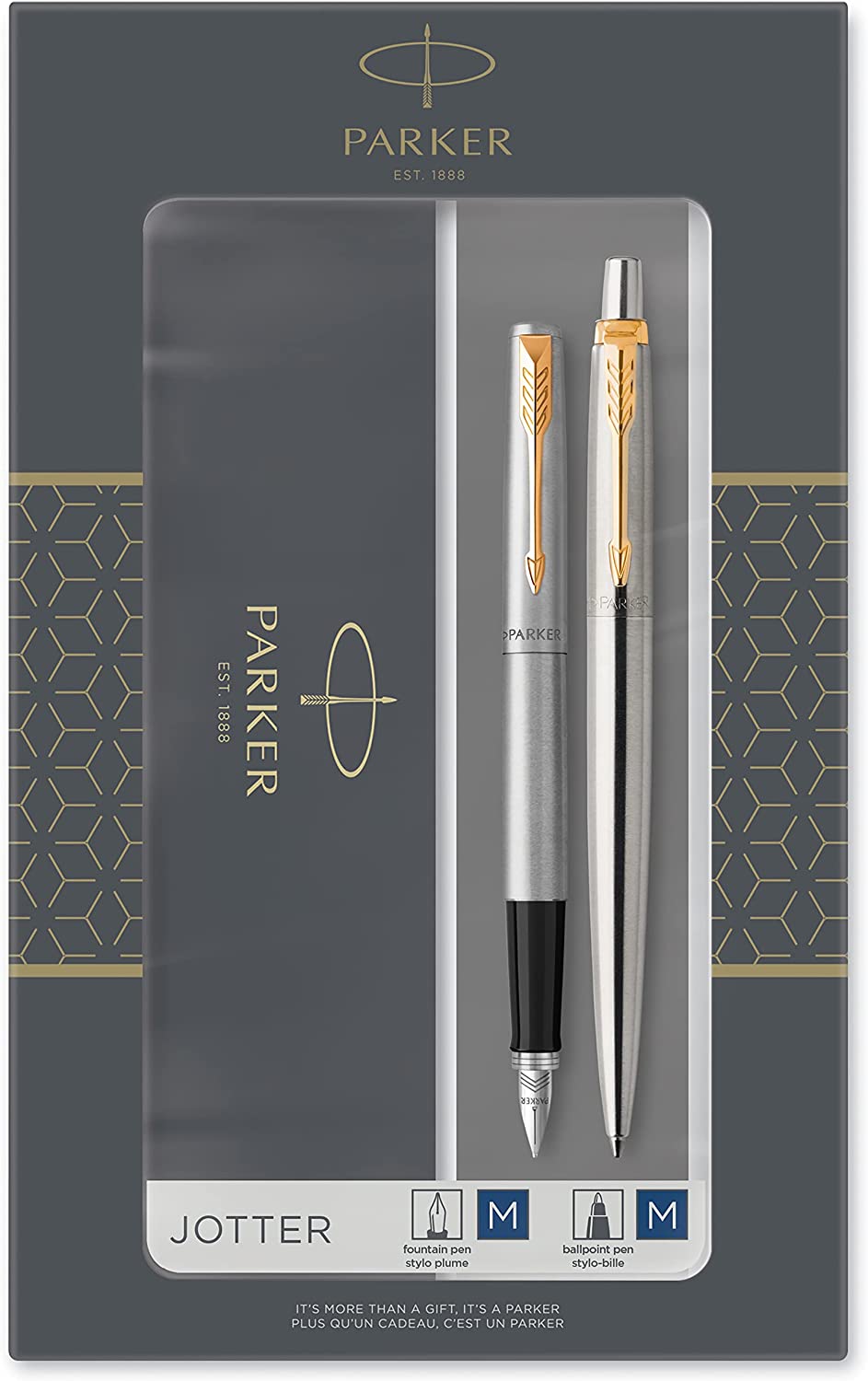 Set stilou Parker Jotter Stainless Steel - Cu pix, placat cu aur
