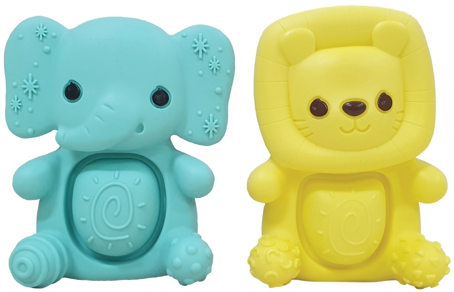 Set de jucării dentiție din silicon pentru bebeluși Infantino – Elefant și leu, 2 bucăți