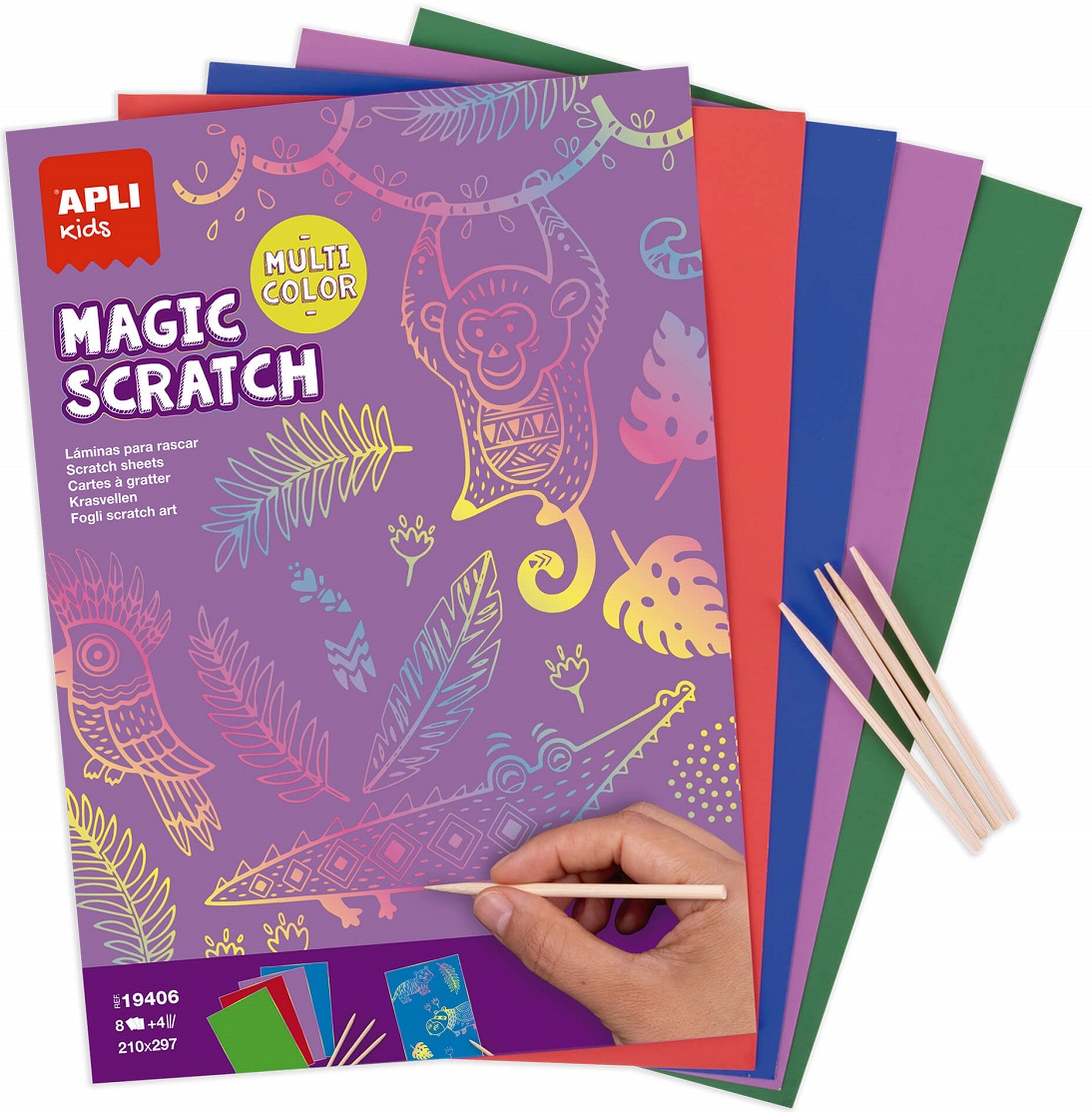 Set de cărți de răzuit Apli Kids Scratch Cards - 8 cărți colorate și 4 bețe de lemn