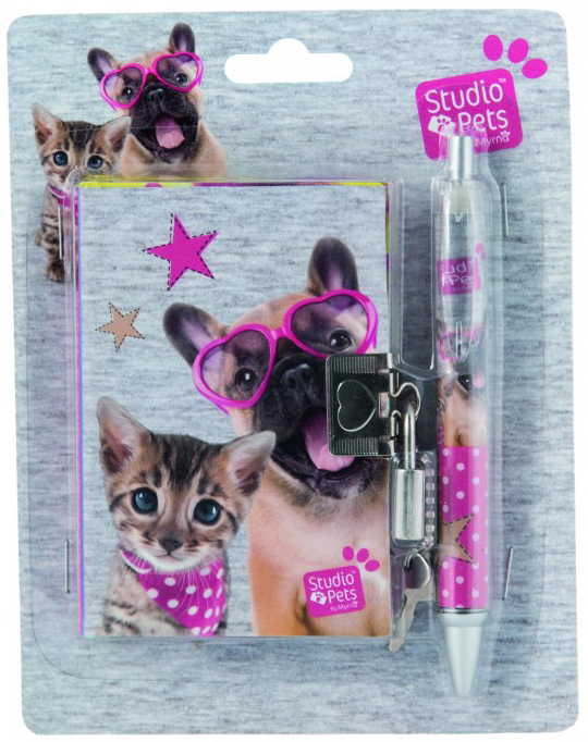 Set jurnal secret cu pix Paso Studio Pets  - Catel cu ochelari in forma de inimioara