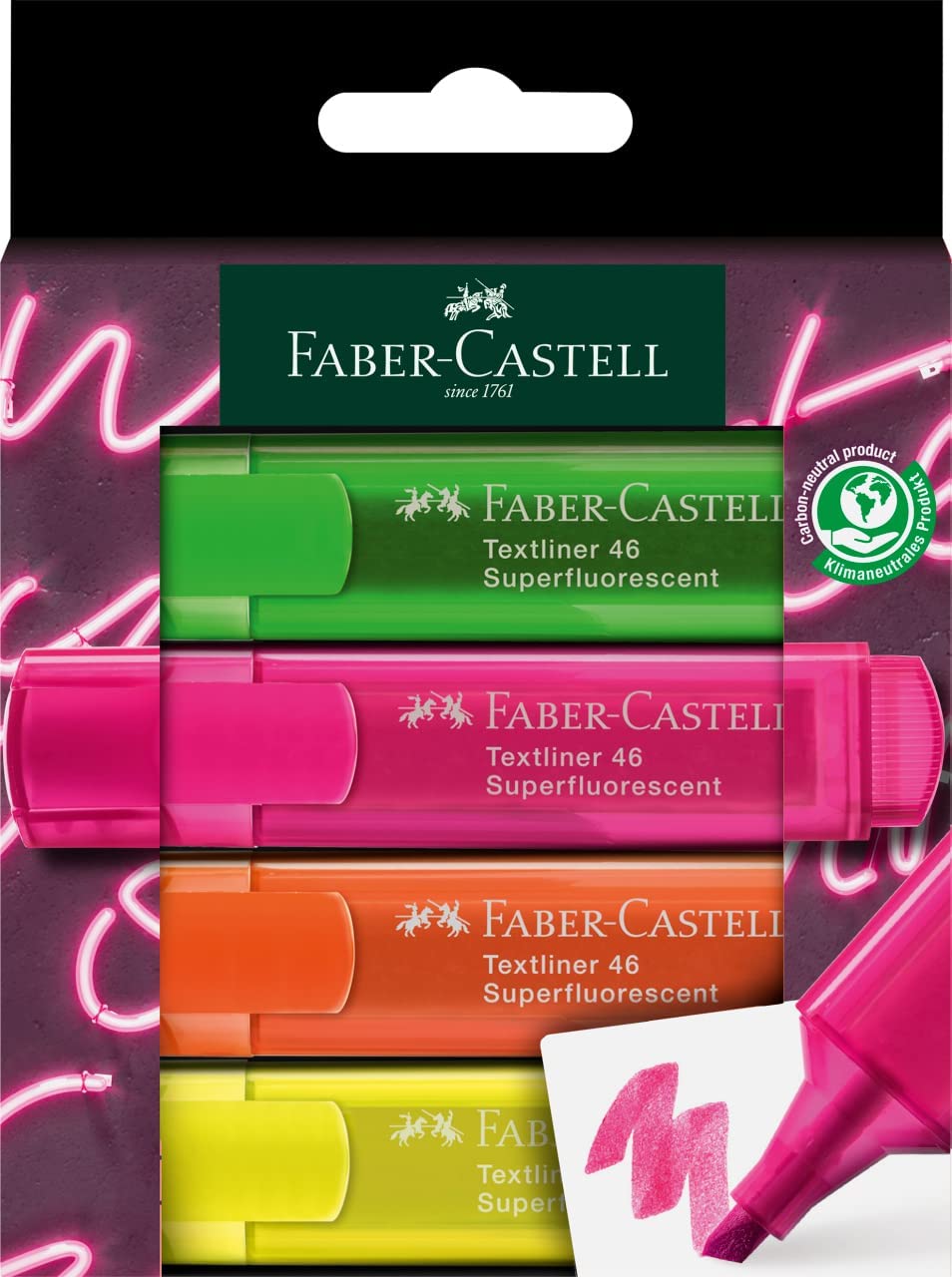 Marcatori de text Faber-Castell 1546 - 4 culori neon, într-o cutie de carton
