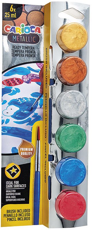 Set de culori tempera Carioca Metallic - Cu pensulă, 6 culori x 25 ml