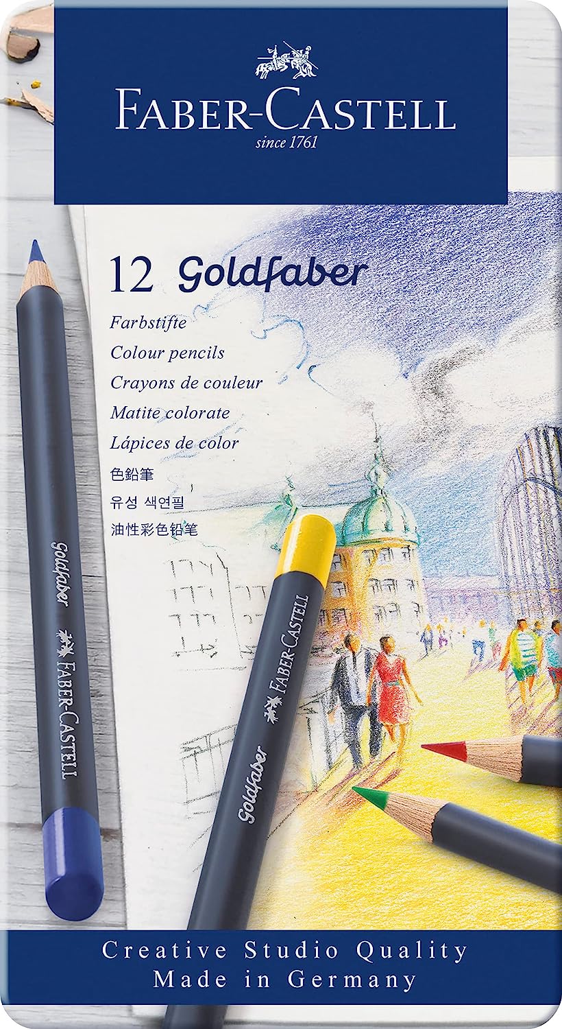 Set de creioane colorate Faber-Castell Goldfaber - 12 culori, într-o cutie metalică