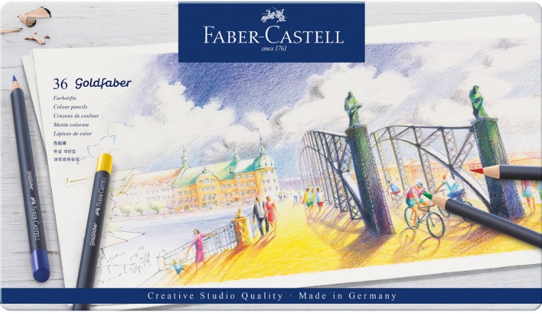 Set de creioane colorate Faber-Castell Goldfaber - 36 culori, într-o cutie metalică