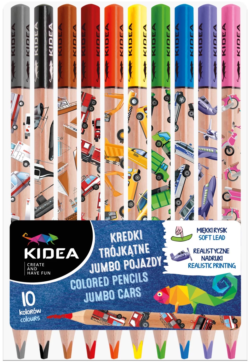 Set de creioane colorate  Kidea - Jumbo Mașini, 10 Ghiozdan școlar
