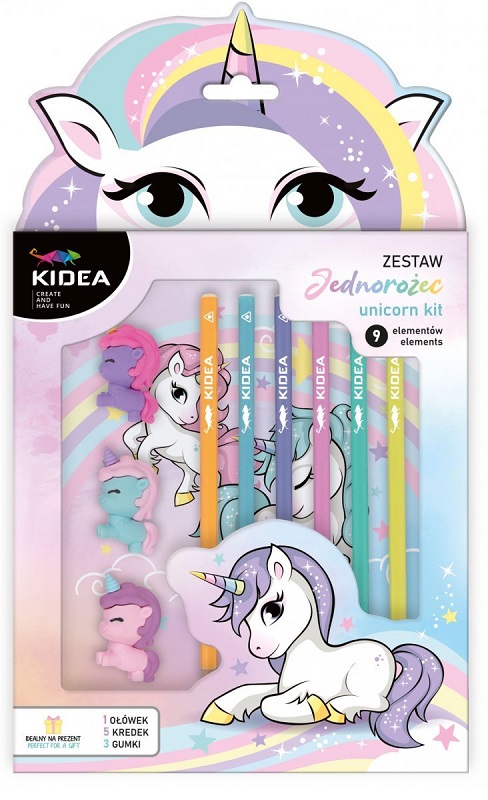 Set de creioane colorate Kidea - Unicorn, cu gumă de șters