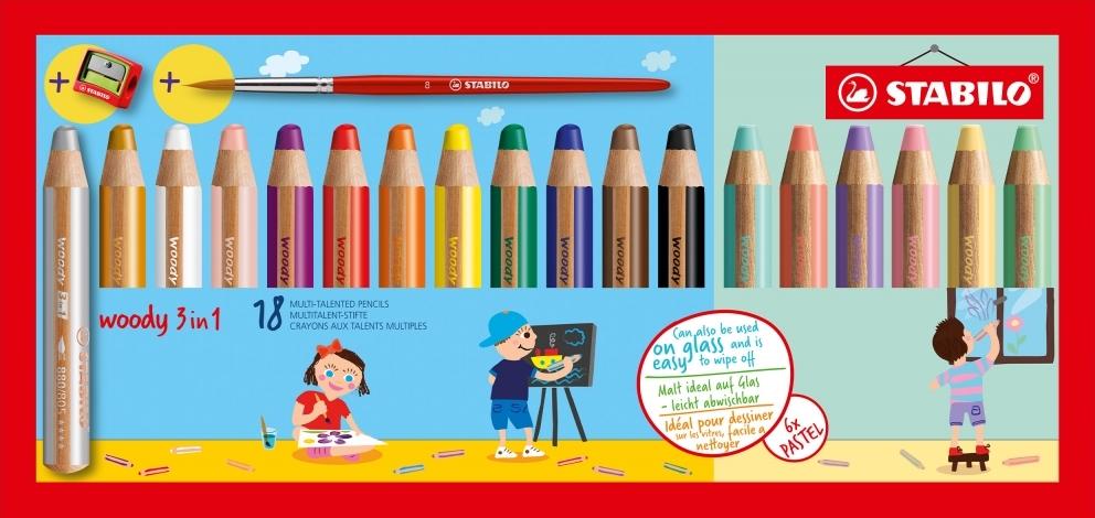 Set de creioane colorate Stabilo Woody 3 in 1 - 12 + 6 culori pastelate, cu ascuțitor și pensulă