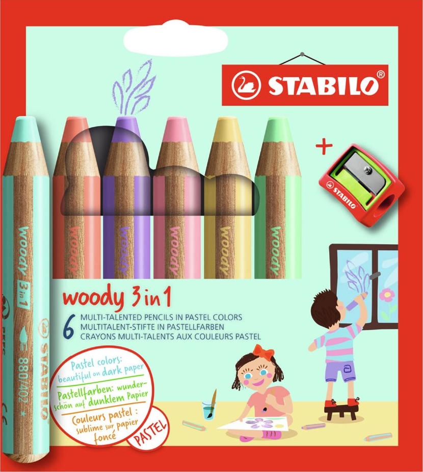 Set de creioane colorate  Stabilo Woody 3 in 1 - 6 culori pastelate , cu ascuțitor