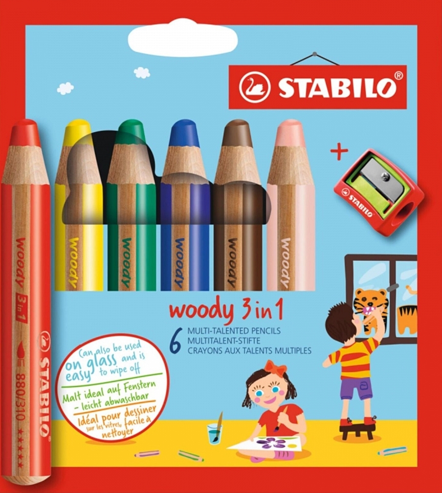 Set de creioane colorate  Stabilo Woody 3 in 1 - 6 culori ,cu un ascuțitor