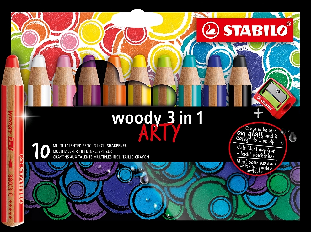 Set de creioane colorate  Stabilo Woody 3 in 1 - Arty, 10 culori , cu ascuțitor