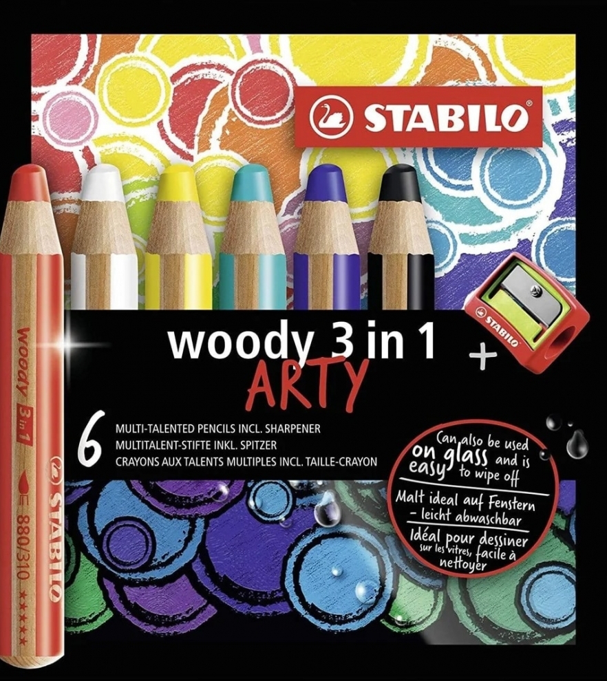 Set de creioane colorate  Stabilo Woody 3 in 1 - Arty, 6 culori , cu ascuțitor