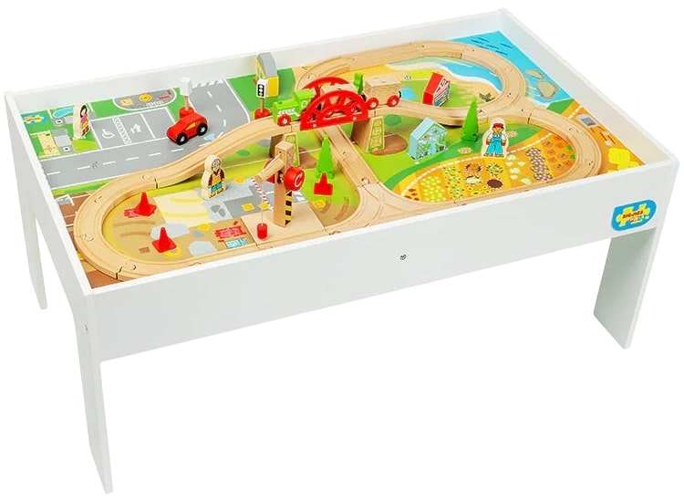 Set de tren cu șine și masă Bigjigs - 50 piese