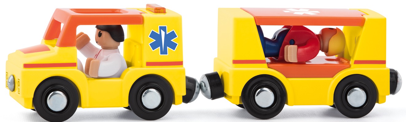 Set Woody - Accesorii pentru trenuleț din lemn, ambulanță, 4 piese