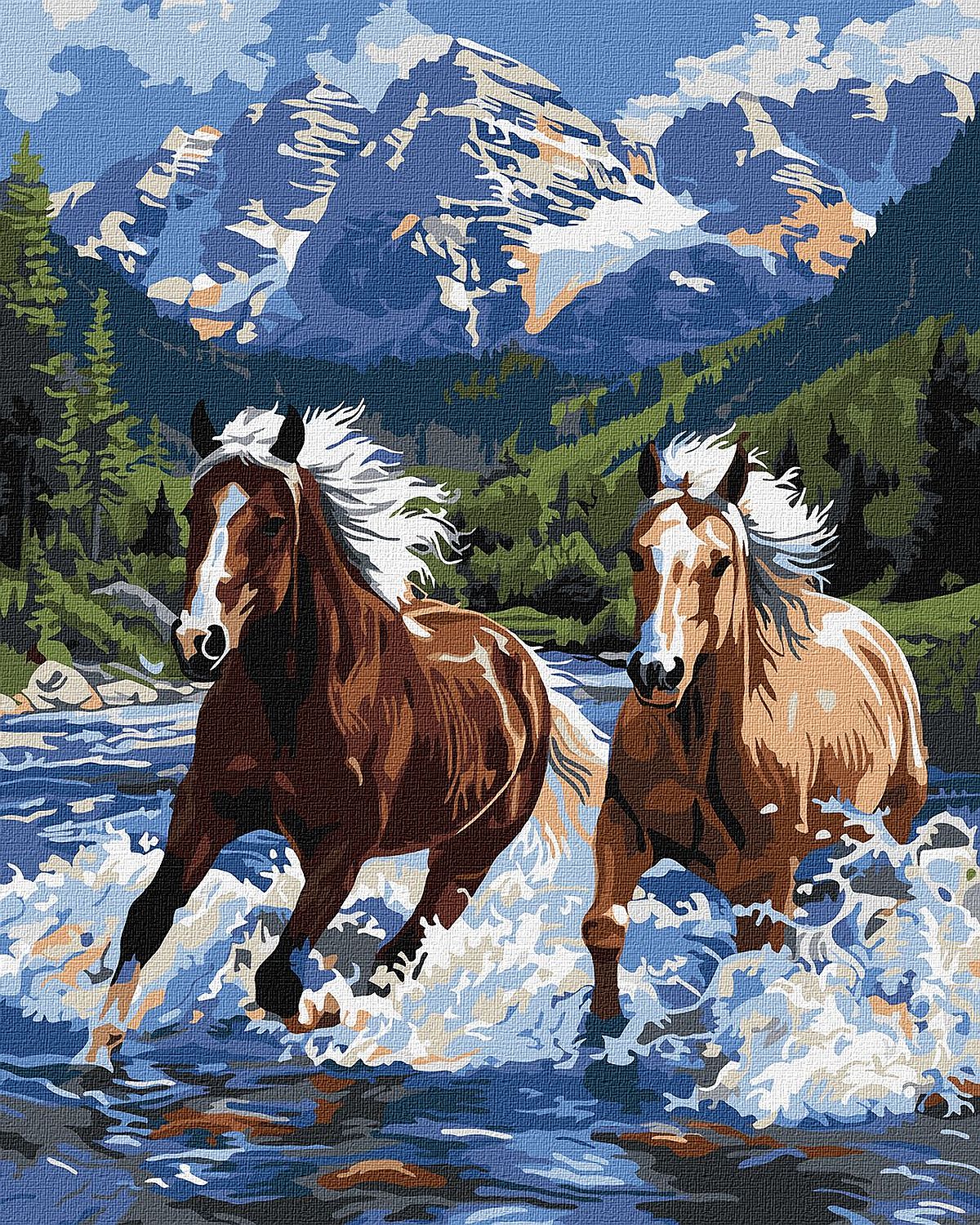 Set de pictură după numere Ideyka - Cai galopând în râu, 40 x 50 cm