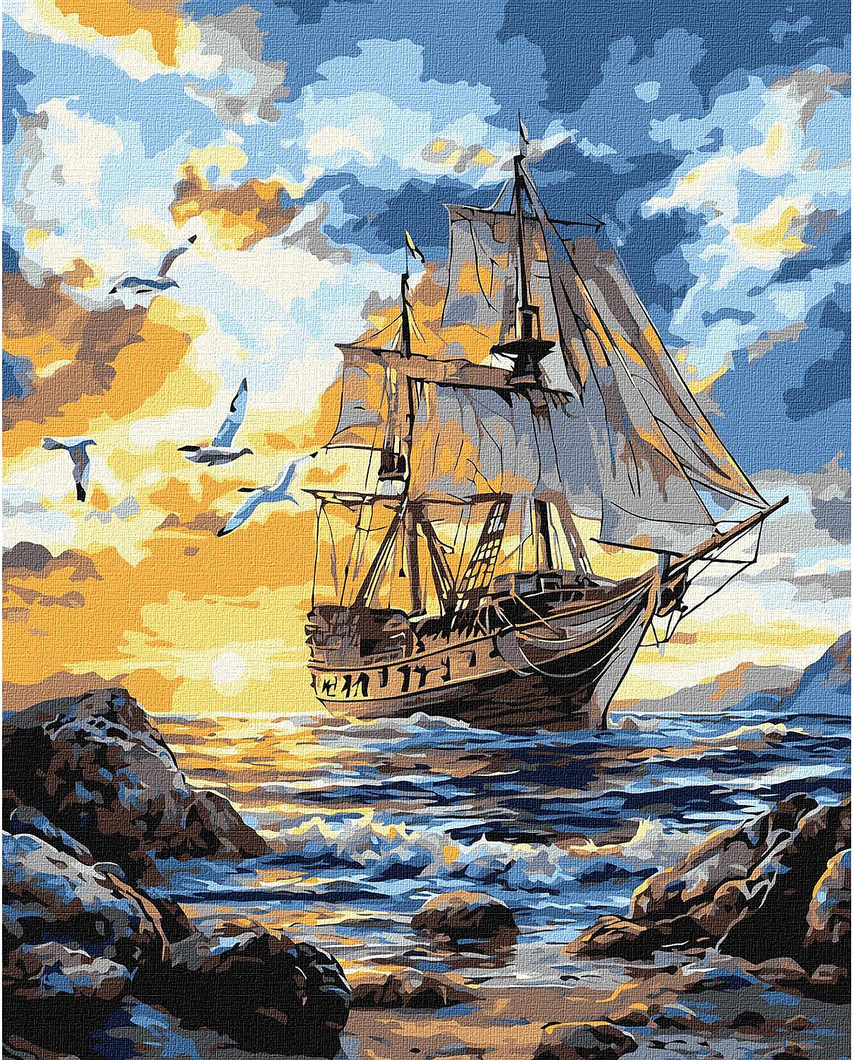 Set de pictură după numere Ideyka - Vas pe mare, 40 x 50 cm